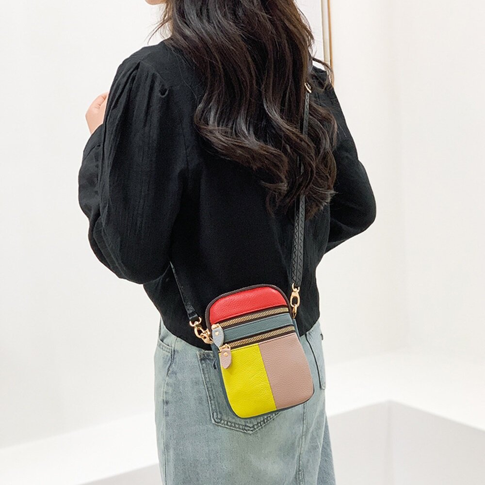 個性拚色真皮斜跨包 頭層牛皮 百搭小挎包 手機包 氣質女孩單肩小包 送禮-圖片-3