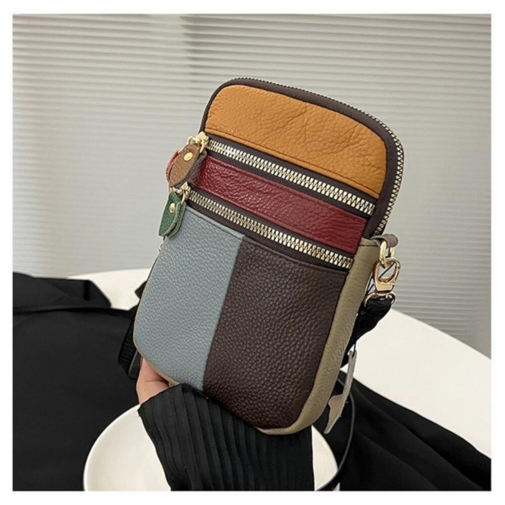 個性拚色真皮斜跨包 頭層牛皮 百搭小挎包 手機包 氣質女孩單肩小包 送禮-圖片-5