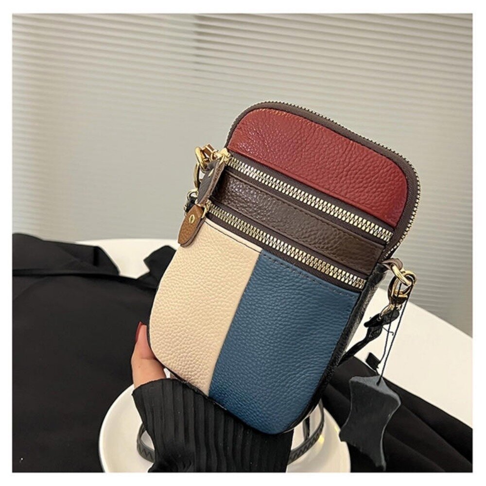 個性拚色真皮斜跨包 頭層牛皮 百搭小挎包 手機包 氣質女孩單肩小包 送禮-圖片-9