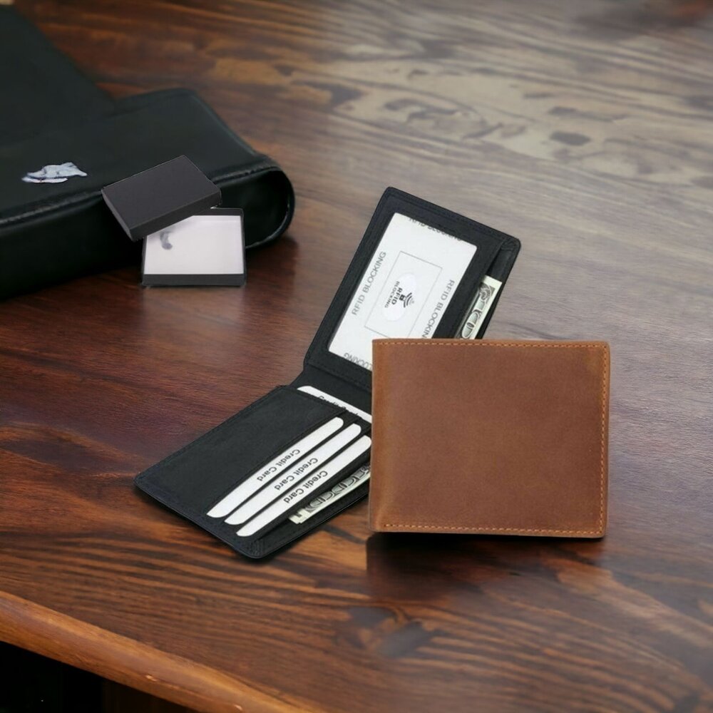 真皮防盜刷男用皮夾 男生皮夾 瘋馬皮 男皮夾 超薄短夾 錢包男 防RFID 精美禮盒 送禮-圖片-1