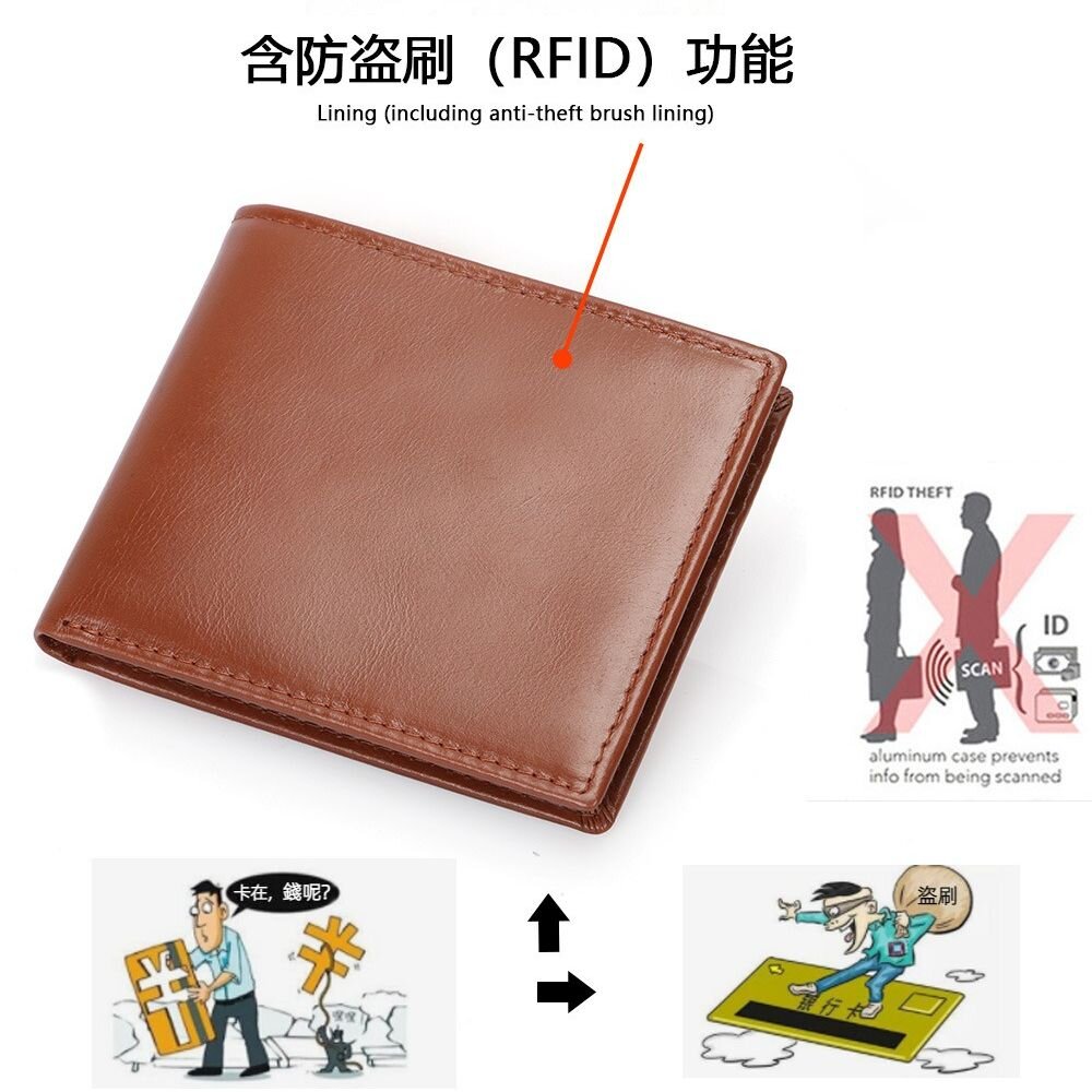 240118-00001-真皮防盜刷男用皮夾 男生皮夾 瘋馬皮 男皮夾 超薄短夾 錢包男 防RFID 精美禮盒 送禮