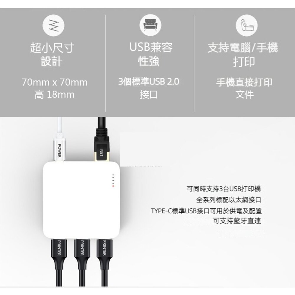 迷你列印伺服器 印表機分享器 標籤機 出單機 點陣USB轉網路印表機 支援MFP 免切換 送禮-圖片-2