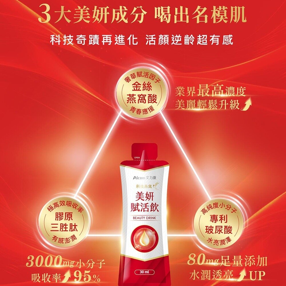 Aicom艾力康》科技燕窩美妍賦活飲 林志玲代言 成份升級 30ml*10包增量版 送禮-圖片-1