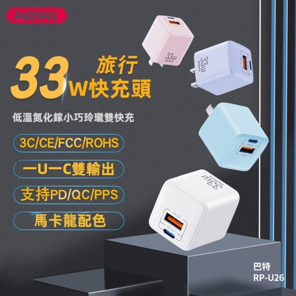 240517-00001-33W迷你快速充電器 旅行手機充電器 USB+TypeC雙口充電器 PD100W一對三充電線 送禮