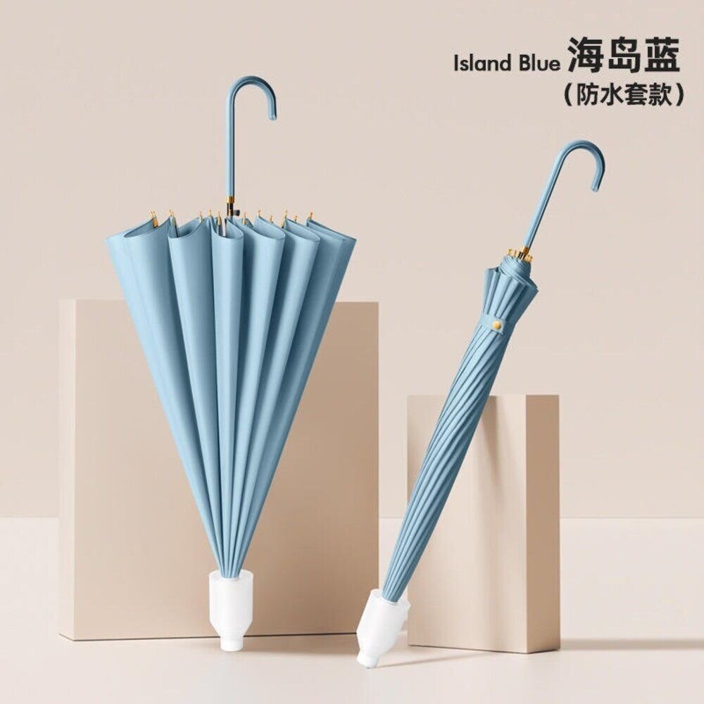 十六骨小清新防水套雨傘 皮革灣柄直傘 自動傘 時尚亮麗雨傘 晴雨傘 陽傘 防曬傘 拐杖傘 送禮-圖片-11