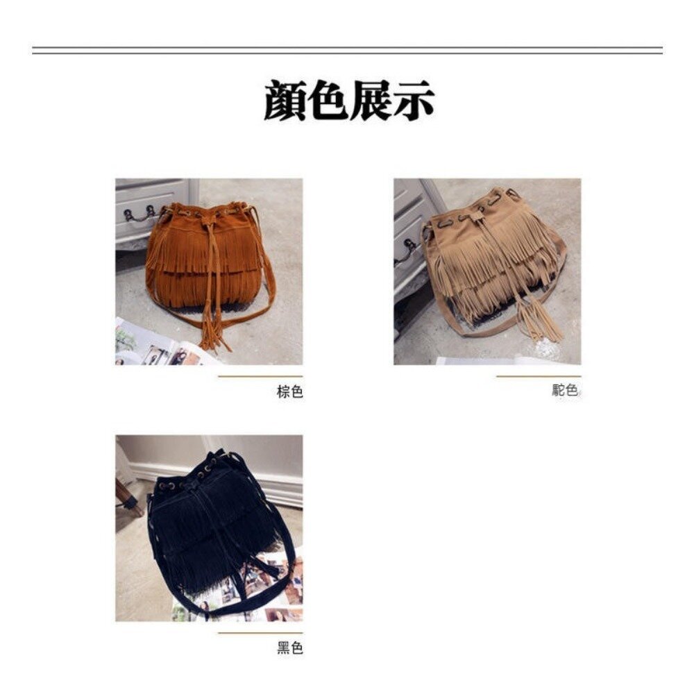簡約復古流蘇包 流蘇抽繩水桶包 斜背包 斜跨包 單肩包 女包 包包 新款 送禮-圖片-6