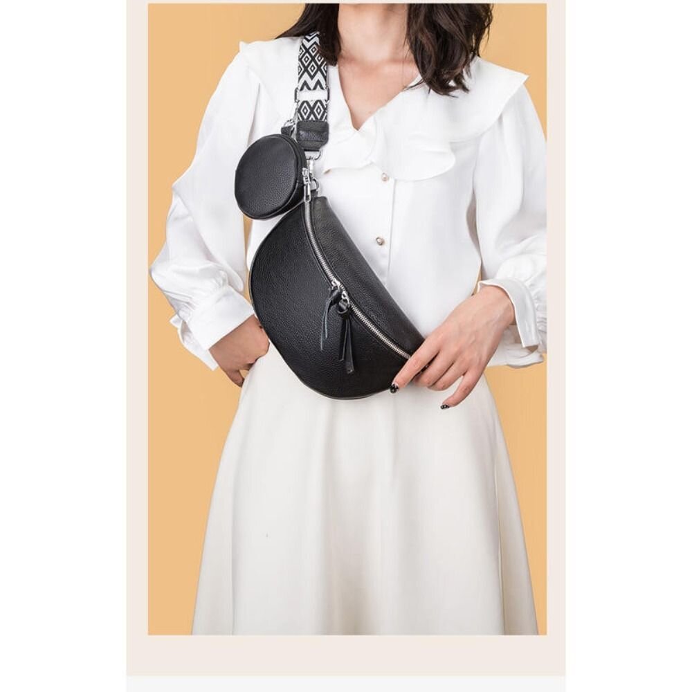 1加1真皮時尚半月包 斜背包 胸包 腋下包 單肩包 時尚潮流 寬肩帶 零錢包 送禮-圖片-1