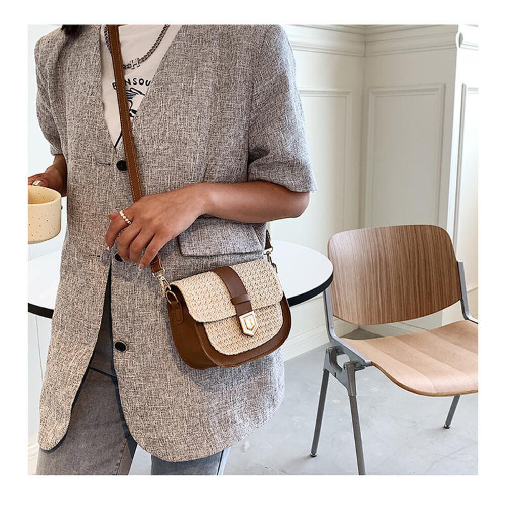 時尚韓風編織馬鞍包 氣質斜背包 包包女 洋氣編織包 個性拼接 單肩斜挎包 送禮-圖片-1