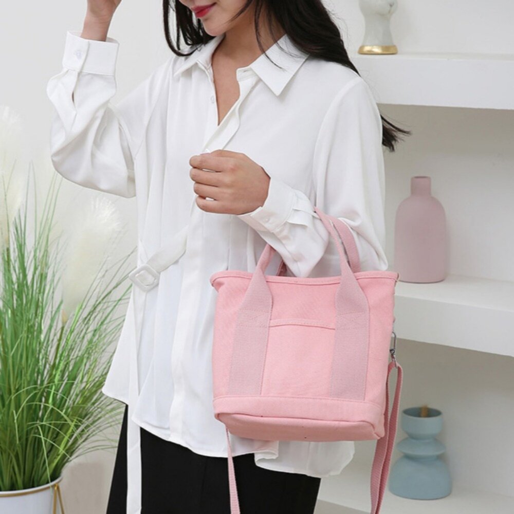 日系清新帆布手提斜背包 百搭簡約 春夏新款 帆布包 便當小包 手提袋 手拎女包 大容量包 送禮-圖片-2