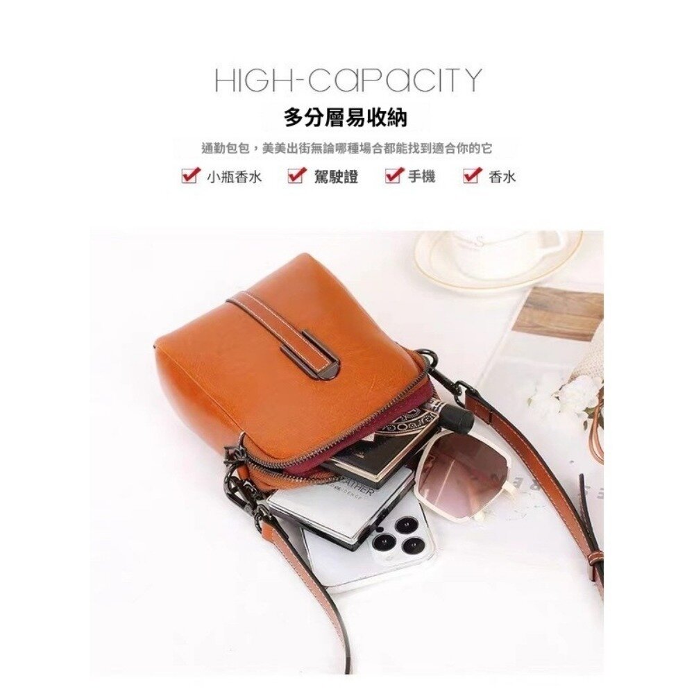 時尚復古油蠟皮單肩小包 貝殼包 手機包 證件包 小包包 通勤包 輕便收納 送禮-圖片-6
