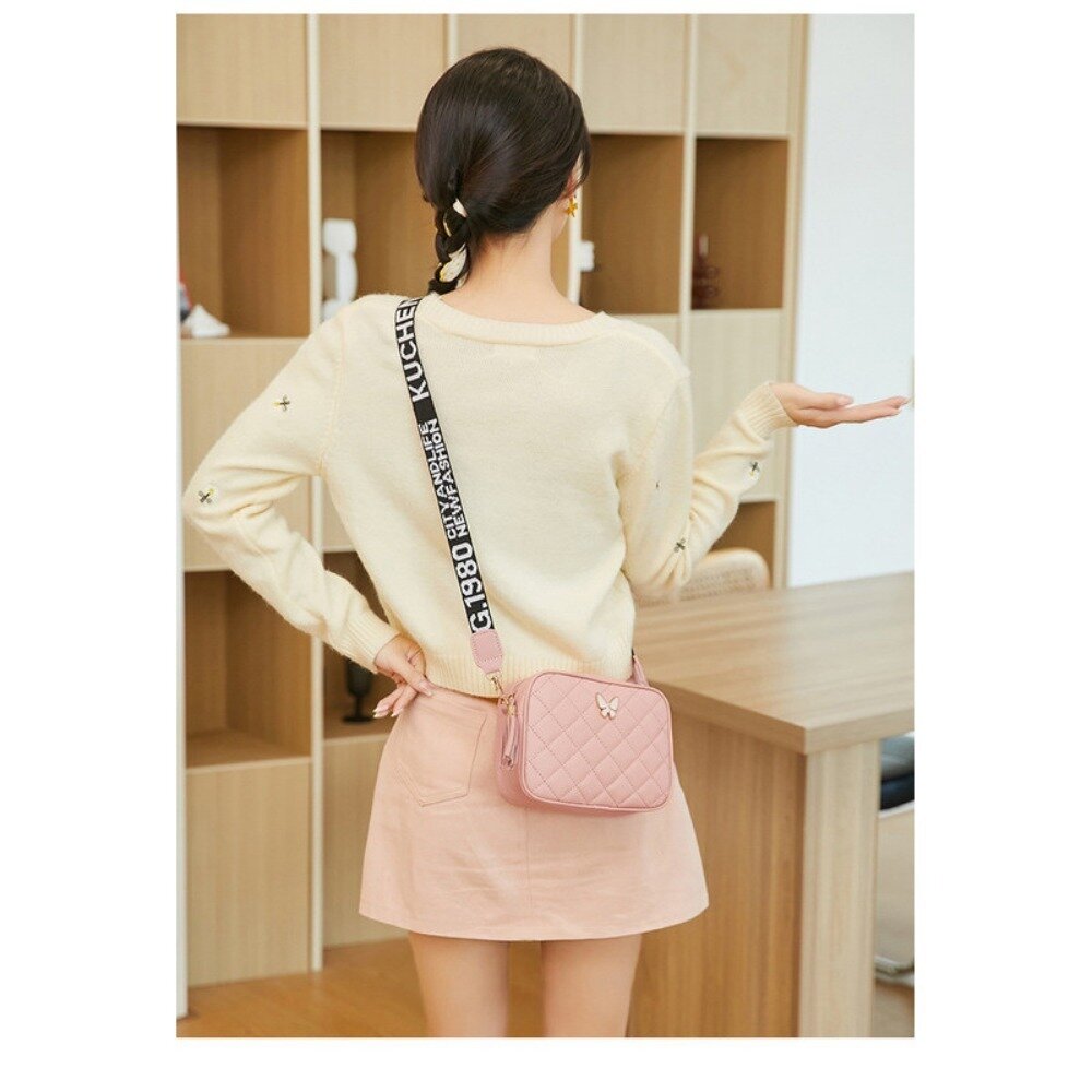 菱格紋優雅斜背包 女包 新款休閒 菱格繡花 蝴蝶裝飾 單肩包 流蘇肩帶 印花 斜挎 小方包 送禮-圖片-6