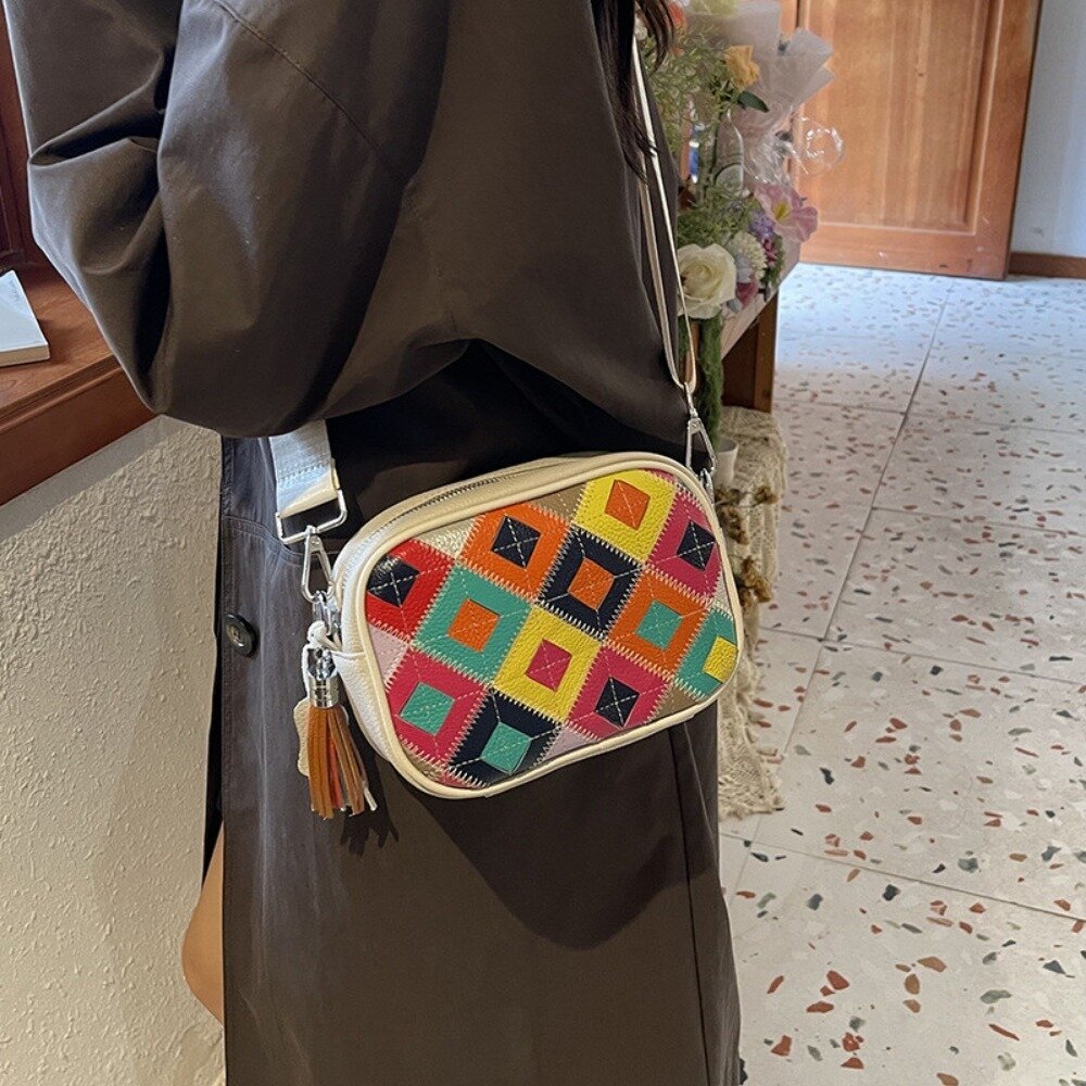 真皮繽紛撞色斜背包 頭層牛皮女包 新款時尚流行 百搭菱格斜挎包 女士撞色單肩包 送禮-圖片-1