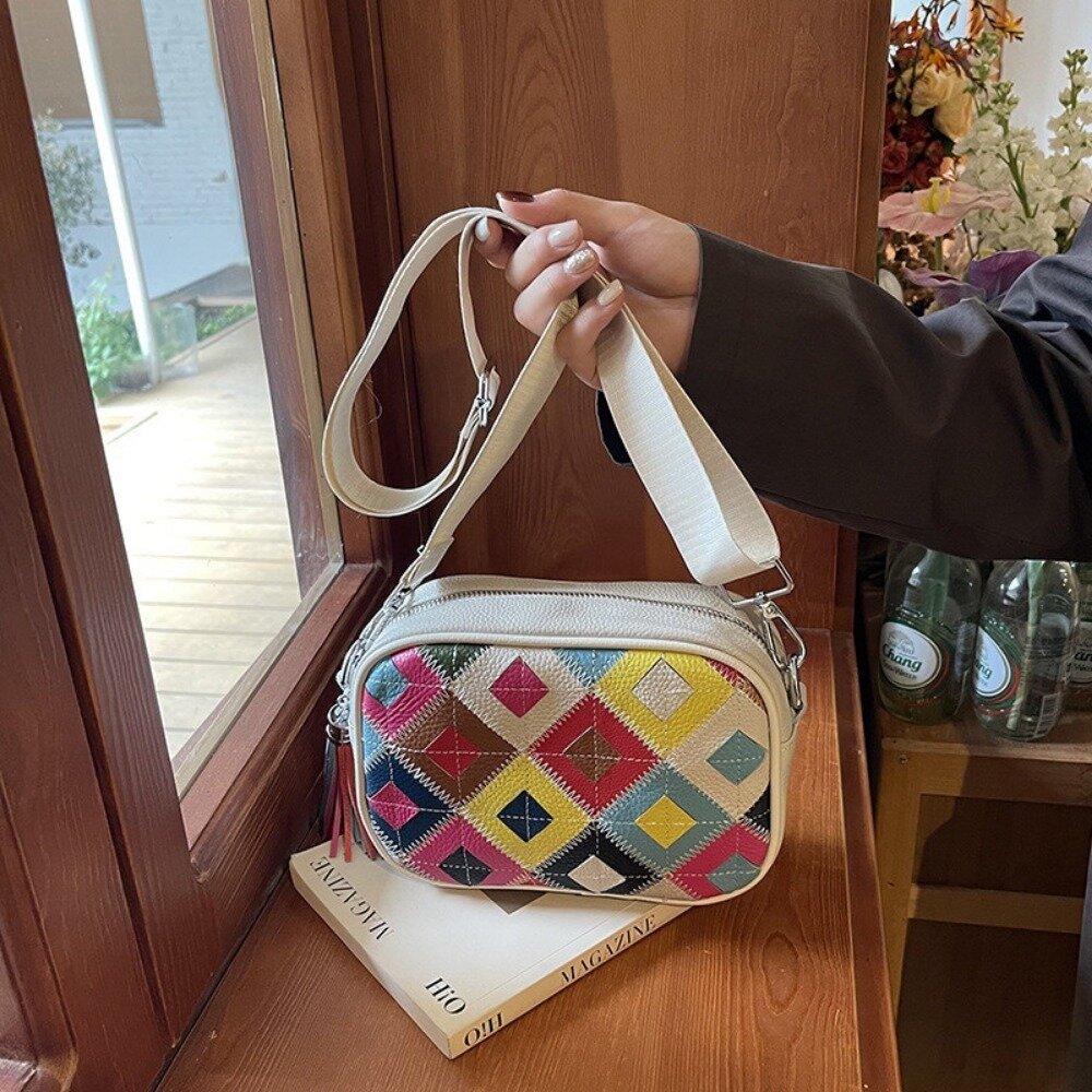 真皮繽紛撞色斜背包 頭層牛皮女包 新款時尚流行 百搭菱格斜挎包 女士撞色單肩包 送禮-圖片-2