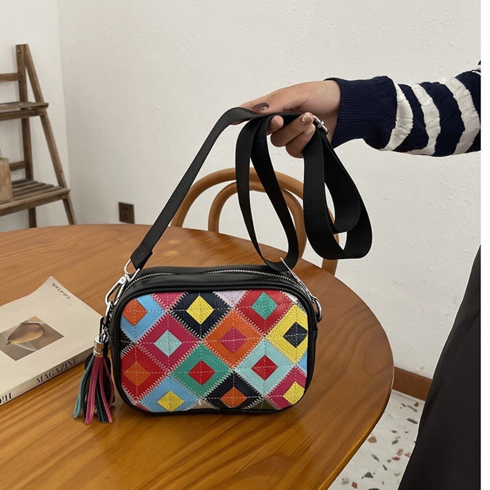 真皮繽紛撞色斜背包 頭層牛皮女包 新款時尚流行 百搭菱格斜挎包 女士撞色單肩包 送禮-圖片-5