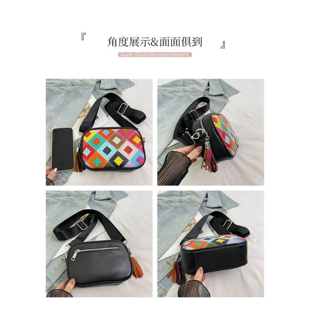真皮繽紛撞色斜背包 頭層牛皮女包 新款時尚流行 百搭菱格斜挎包 女士撞色單肩包 送禮-圖片-6