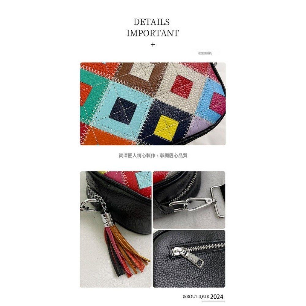 真皮繽紛撞色斜背包 頭層牛皮女包 新款時尚流行 百搭菱格斜挎包 女士撞色單肩包 送禮-圖片-7