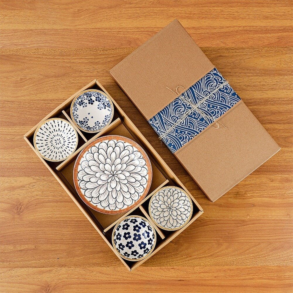 日式陶瓷碗盤套裝禮盒 復古小花四碗二盤 日式陶瓷餐具 高檔家用餐碗 商務禮品 復古花紋 送禮-圖片-5