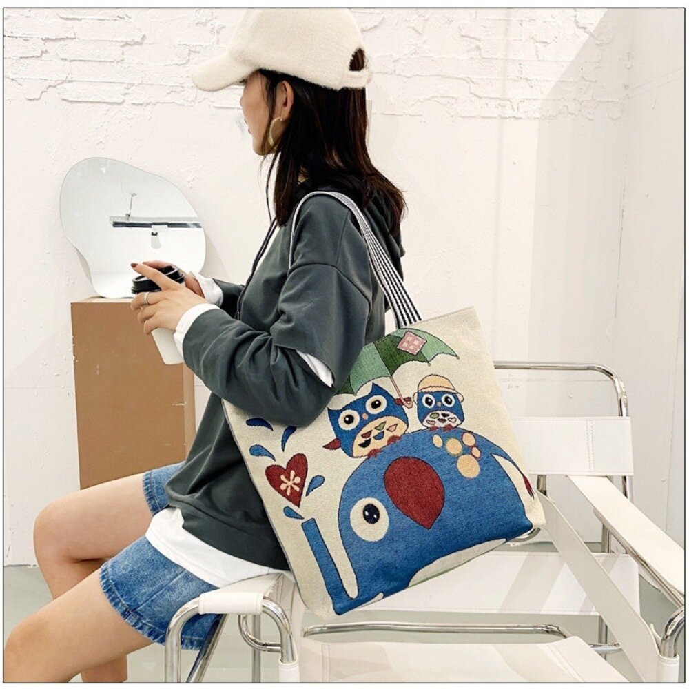 大容量時尚帆布托特包 時尚卡通刺繡單肩女包 學生手提托特包 大容量帆布袋 送禮-圖片-1