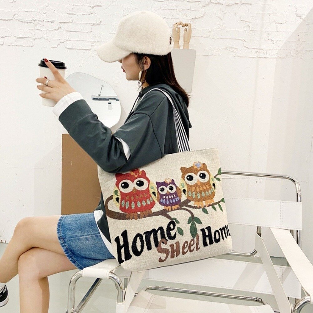 大容量時尚帆布托特包 時尚卡通刺繡單肩女包 學生手提托特包 大容量帆布袋 送禮-圖片-2