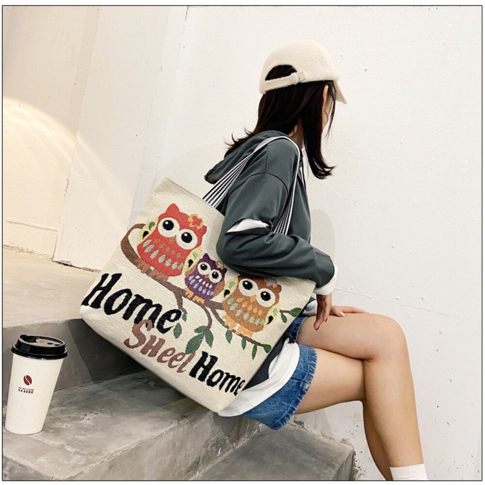 大容量時尚帆布托特包 時尚卡通刺繡單肩女包 學生手提托特包 大容量帆布袋 送禮-圖片-5