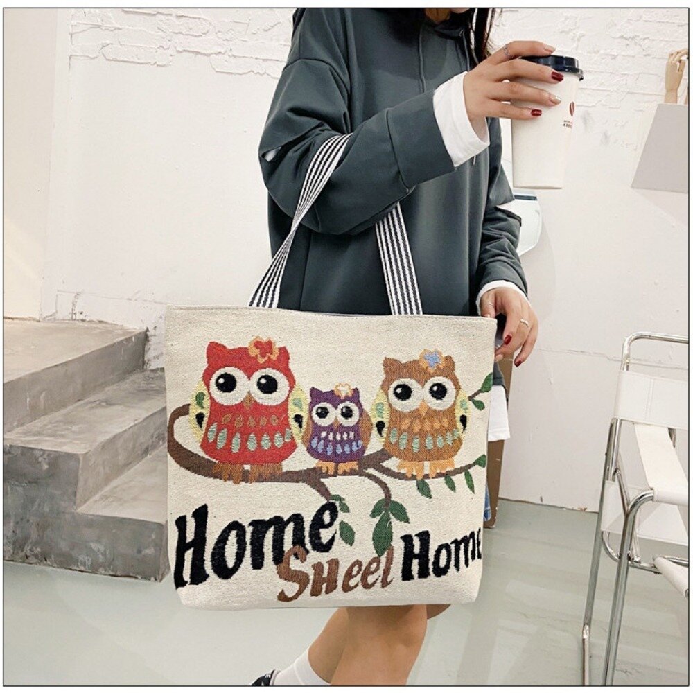 大容量時尚帆布托特包 時尚卡通刺繡單肩女包 學生手提托特包 大容量帆布袋 送禮-圖片-6