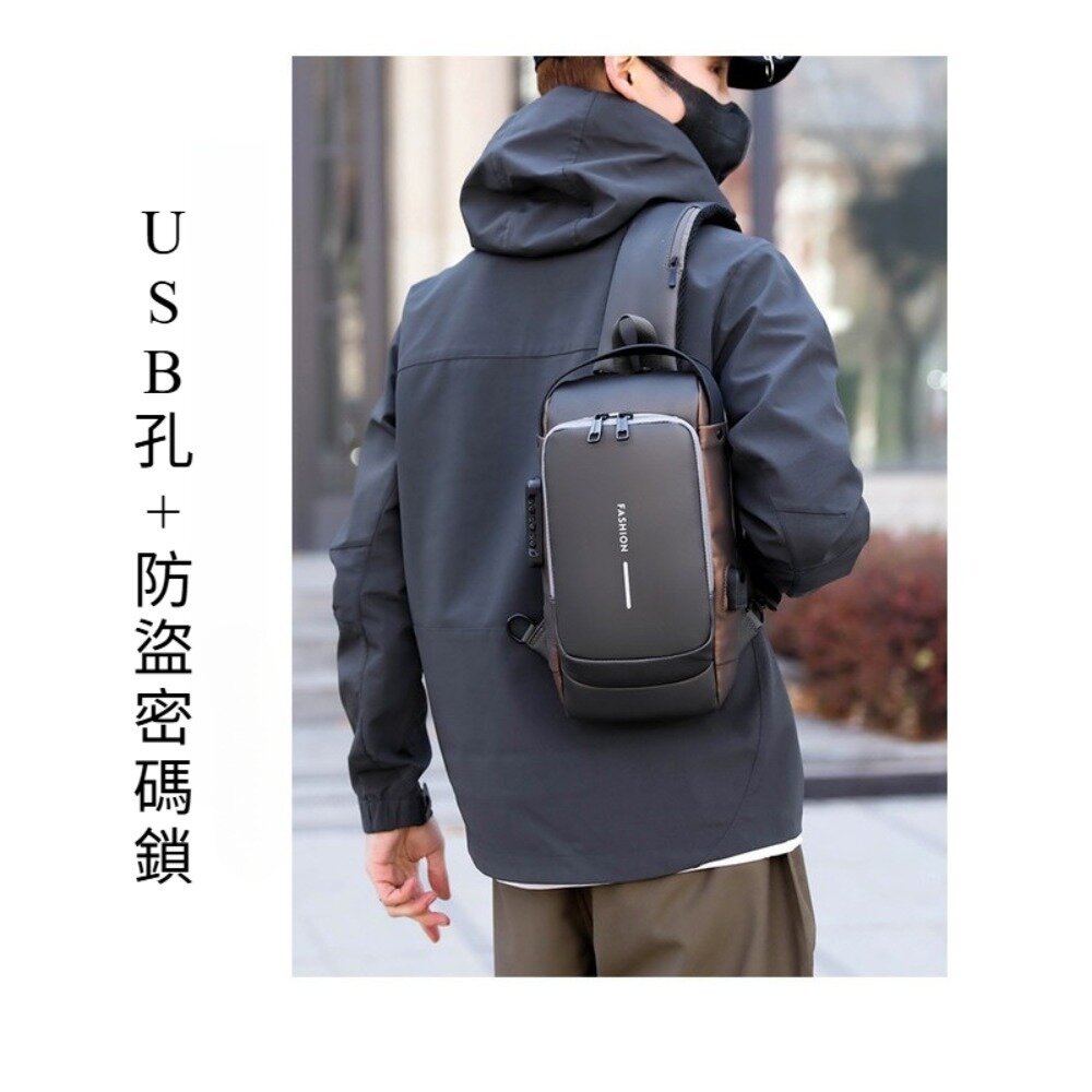 防盜密碼鎖斜挎胸包 韓版單肩斜挎包 機車包 密碼鎖潮包 耳機孔設計 送禮-圖片-1