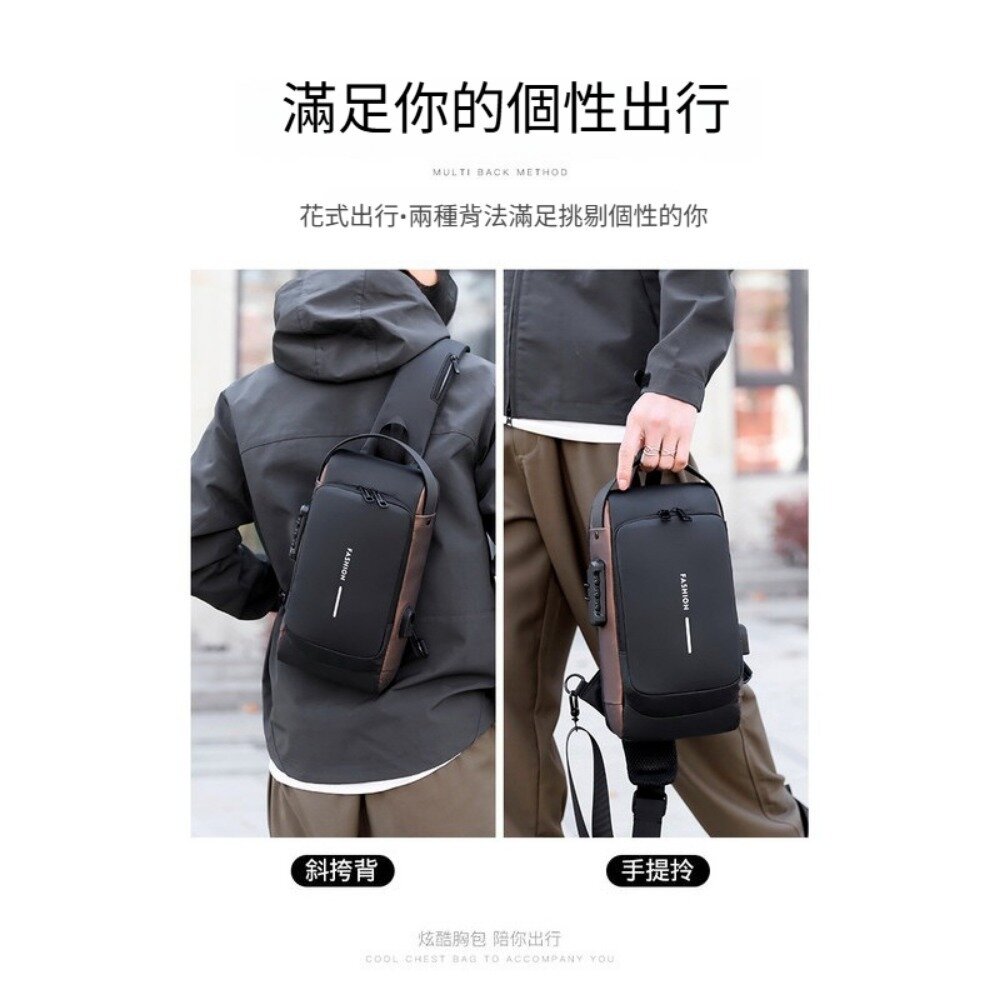 防盜密碼鎖斜挎胸包 韓版單肩斜挎包 機車包 密碼鎖潮包 耳機孔設計 送禮-圖片-2