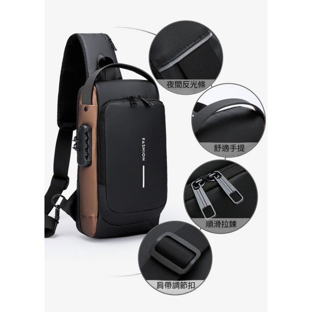 防盜密碼鎖斜挎胸包 韓版單肩斜挎包 機車包 密碼鎖潮包 耳機孔設計 送禮-圖片-3