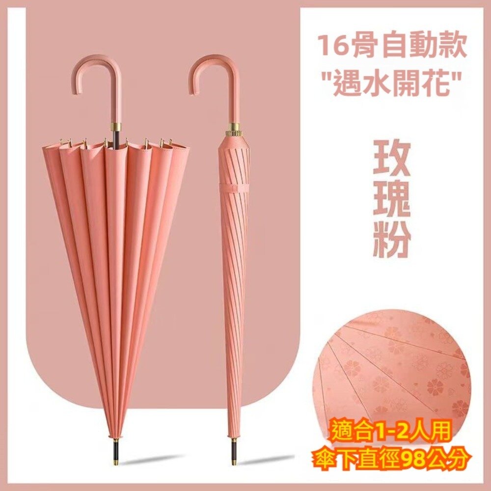 小清新遇水開花自動直傘 16骨抗風自動傘 遇水開花傘布 三層防雨 高密度防水 加固傘骨 防潑水 晴雨傘 送禮-圖片-5