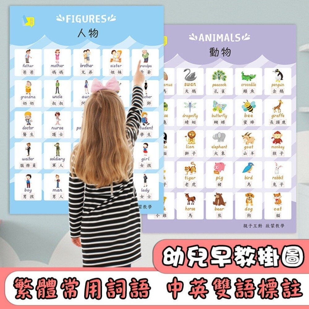 250728-00001-雙語兒童啟蒙認知海報組 幼兒早教掛圖 嬰幼兒啟蒙學習 繁體中文 中英雙語 防水防污 親子互動 認知海報 送禮