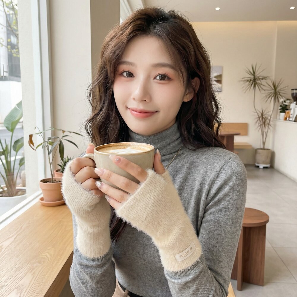 韓版羊毛針織半指手套 韓版仿貂絨露指手套 女裝配件 保暖手套 冬季手套 韓系 顯瘦設計 開車手套 送禮-圖片-6