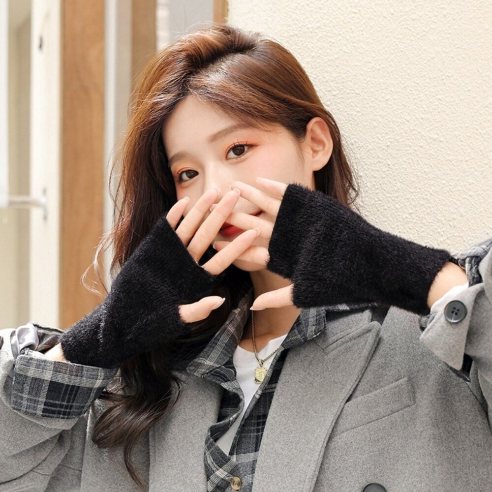 韓版羊毛針織半指手套 韓版仿貂絨露指手套 女裝配件 保暖手套 冬季手套 韓系 顯瘦設計 開車手套 送禮-圖片-7