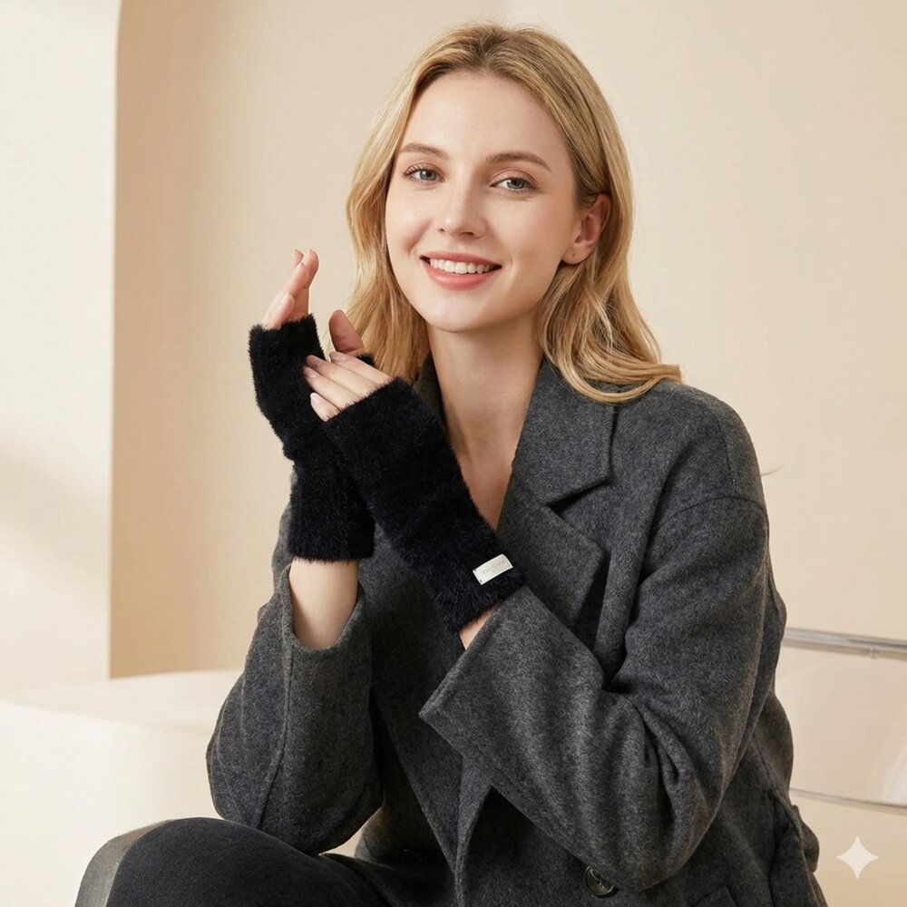 韓版羊毛針織半指手套 韓版仿貂絨露指手套 女裝配件 保暖手套 冬季手套 韓系 顯瘦設計 開車手套 送禮-圖片-10