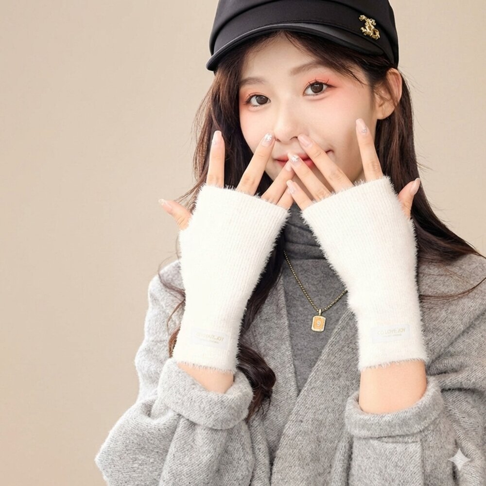 251129-00001-韓版羊毛針織半指手套 韓版仿貂絨露指手套 女裝配件 保暖手套 冬季手套 韓系 顯瘦設計 開車手套 送禮