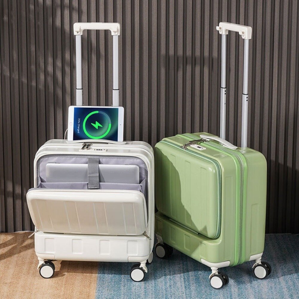 前開多功能時尚箱 18吋 多功能 USB充電 前開式 檸檬黃 密碼鎖 杯架 送禮-圖片-4