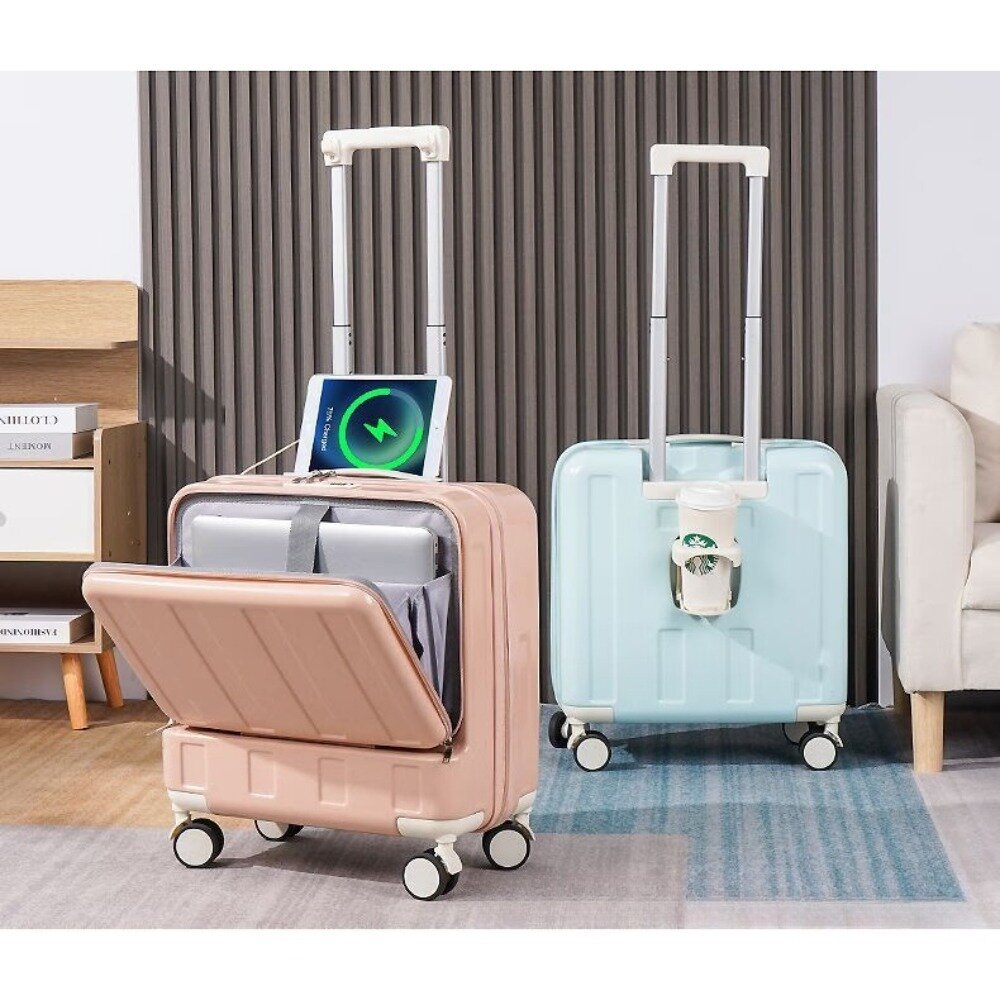 前開多功能時尚箱 18吋 多功能 USB充電 前開式 檸檬黃 密碼鎖 杯架 送禮-圖片-5