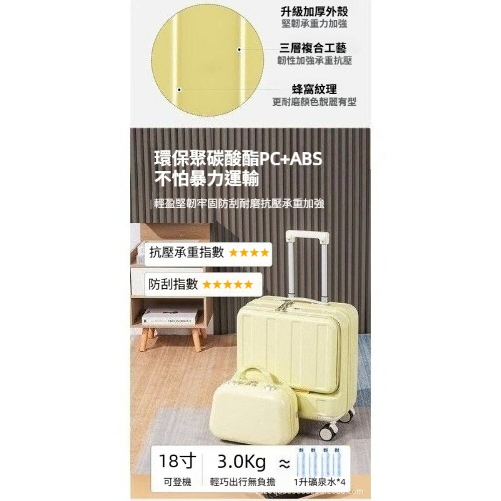 前開蓋多功能時尚箱 18吋 多功能 USB充電 前開式 檸檬黃 密碼鎖 杯架 送禮-圖片-6