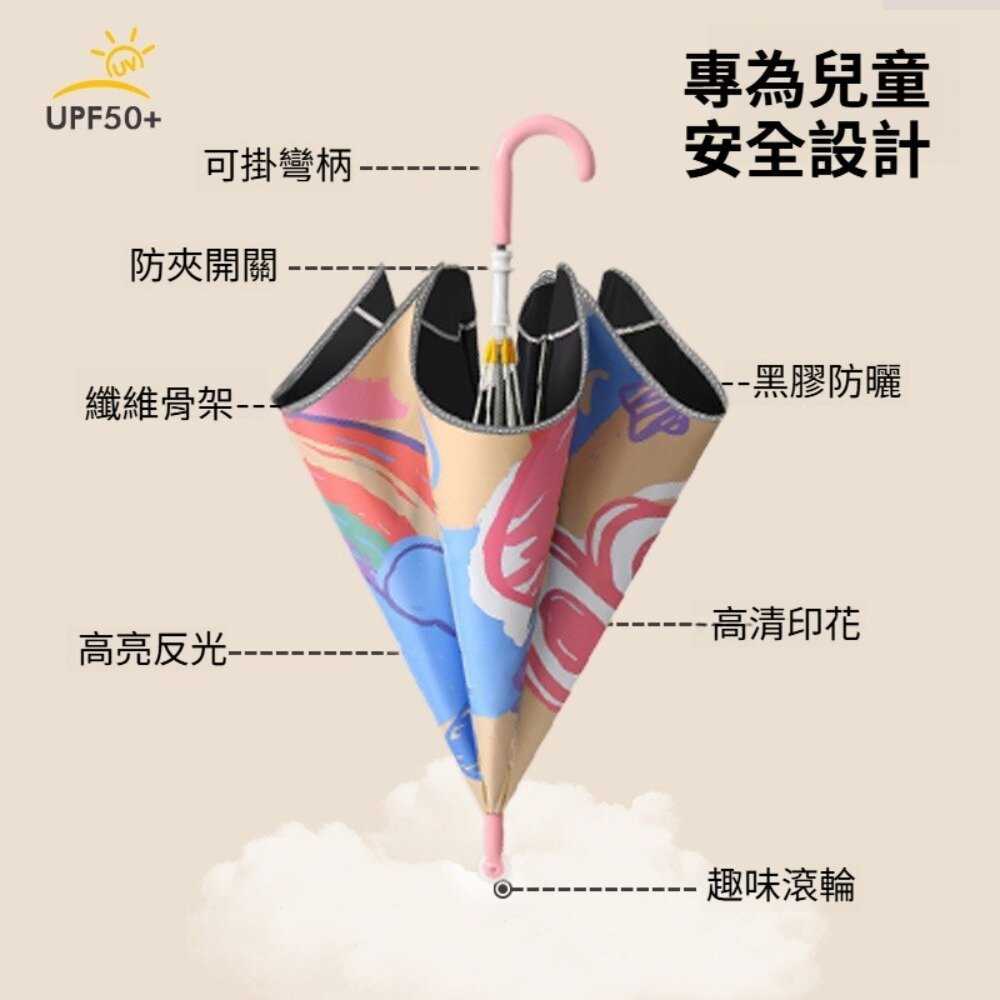 兒童圓角安全長柄傘-滾輪 兒童防曬傘 兒童雨具 兒童雨傘 可愛 遮陽 反光設計 送禮-圖片-2