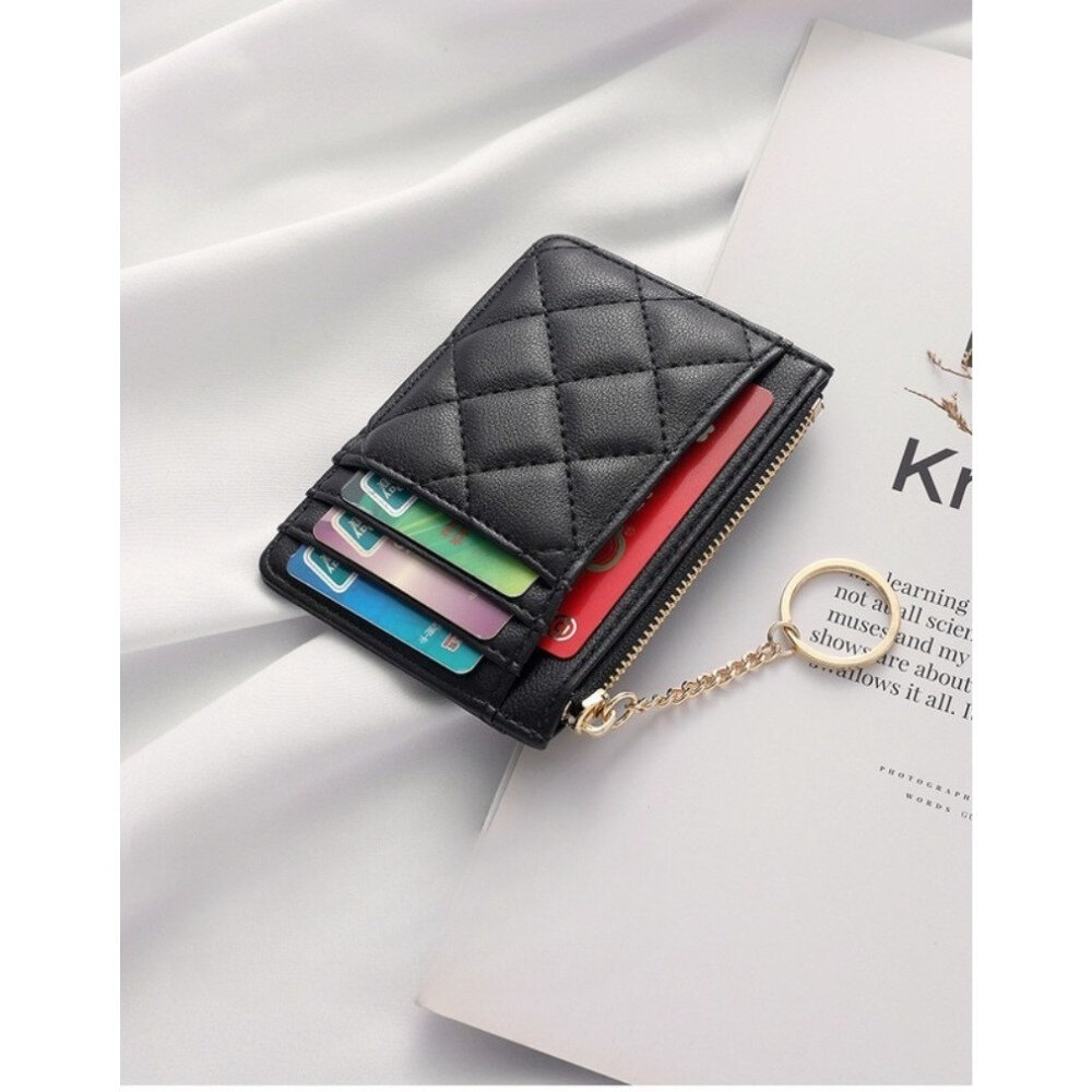 菱格紋拉鍊零錢卡片包 菱格 拉鍊鑰匙圈 多卡位 防潑水 送禮-圖片-1