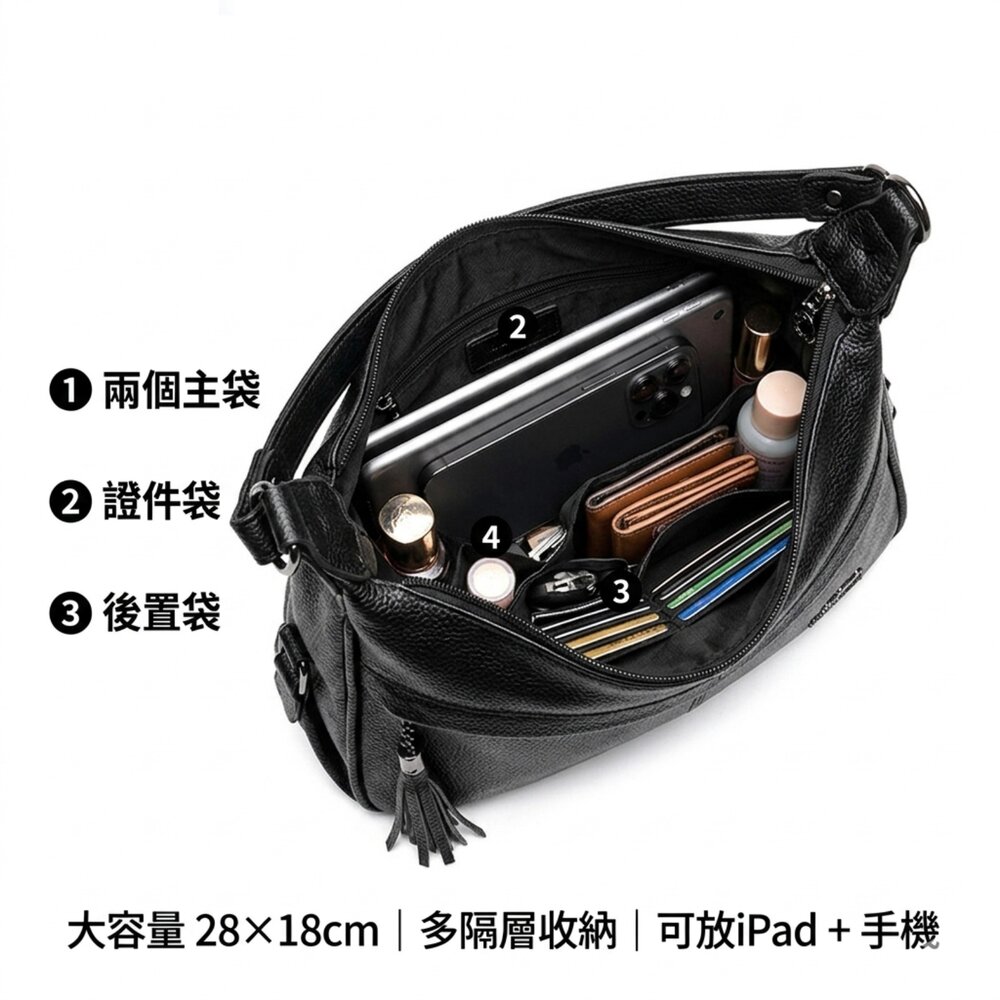 皮革流蘇袋鼠斜背包 黑色皮革多隔層肩背包 女包 大容量 袋鼠包 流蘇 時尚 通勤包 送禮-圖片-5