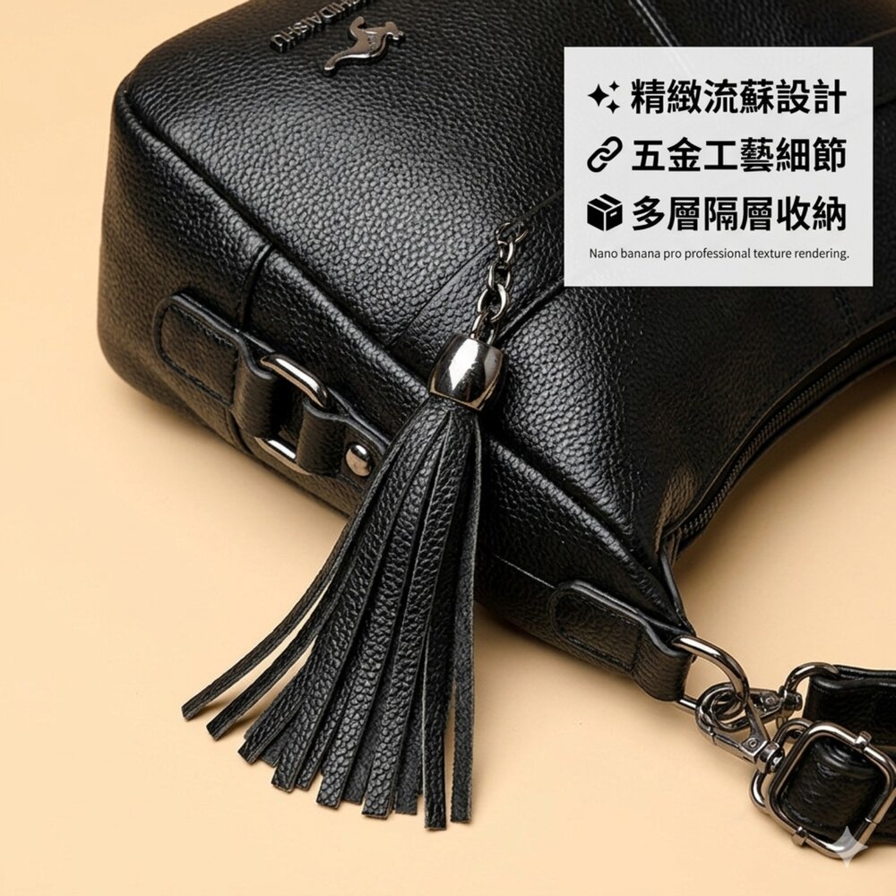 皮革流蘇袋鼠斜背包 黑色皮革多隔層肩背包 女包 大容量 袋鼠包 流蘇 時尚 通勤包 送禮-圖片-6