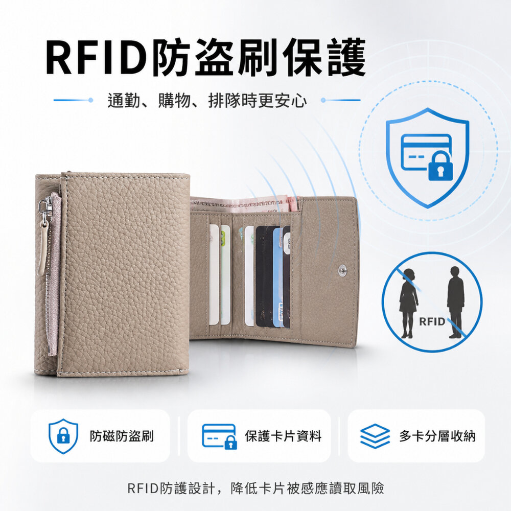 防盜刷真皮三折錢包 日式真皮三折短夾 RFID防盜牛皮卡夾 男女通用輕薄拉鍊零錢包 送禮-圖片-1