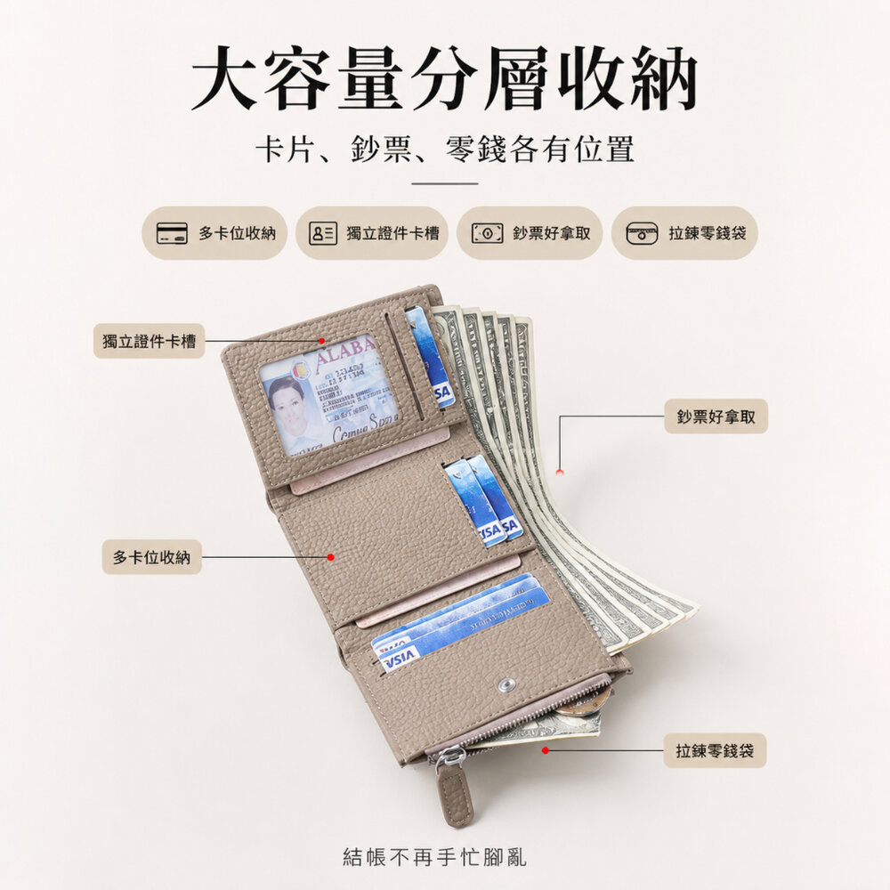 防盜刷真皮三折錢包 日式真皮三折短夾 RFID防盜牛皮卡夾 男女通用輕薄拉鍊零錢包 送禮-圖片-2