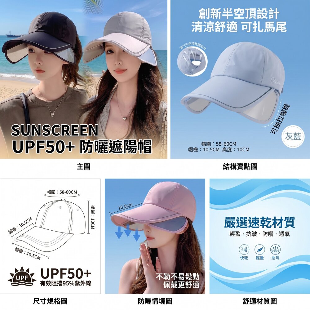伸縮擋光大帽檐遮陽帽 全臉防曬遮陽帽 戶外運動 防曬帽 夏季 遮陽帽 防曬 透氣 送禮-圖片-4