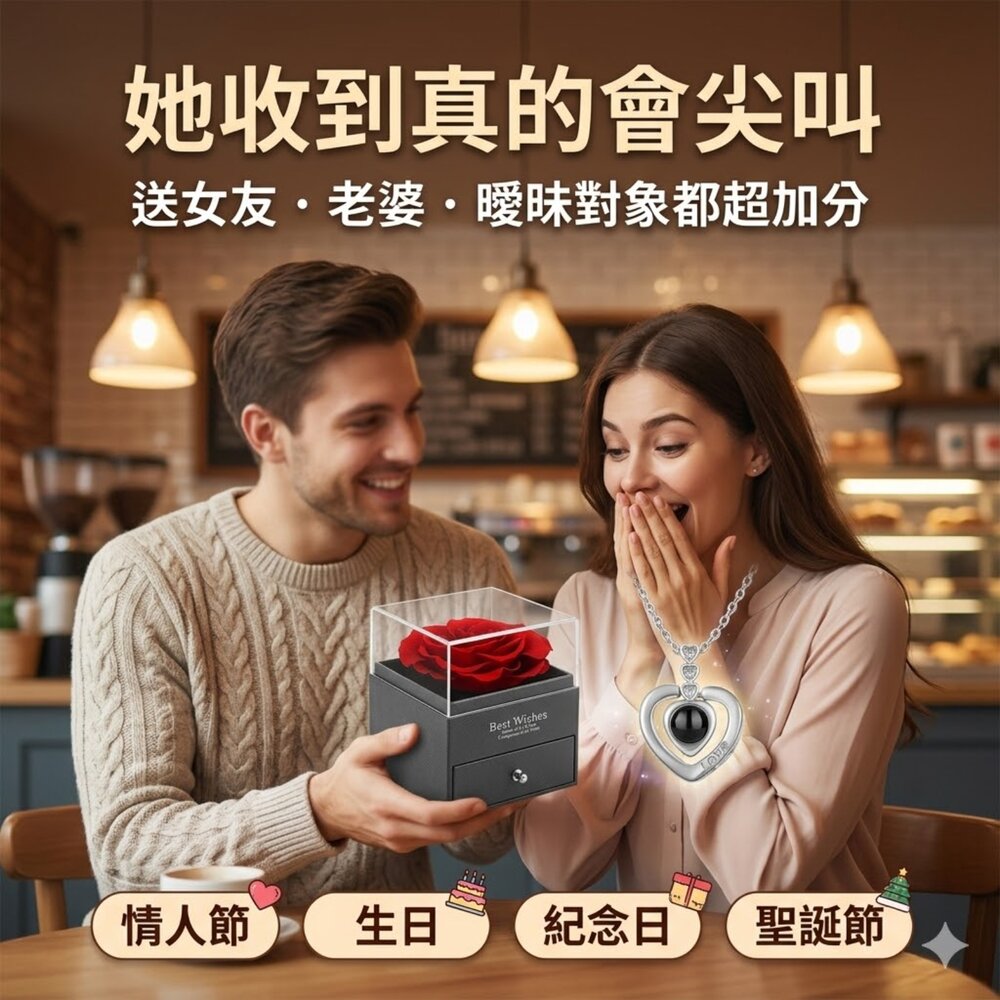 我愛你投影石精緻項鍊禮盒 心形投影項鍊 情人節禮物 我愛你多語言 玫瑰金項鍊 浪漫禮盒 生日禮物 紀念日禮物 送禮-圖片-3