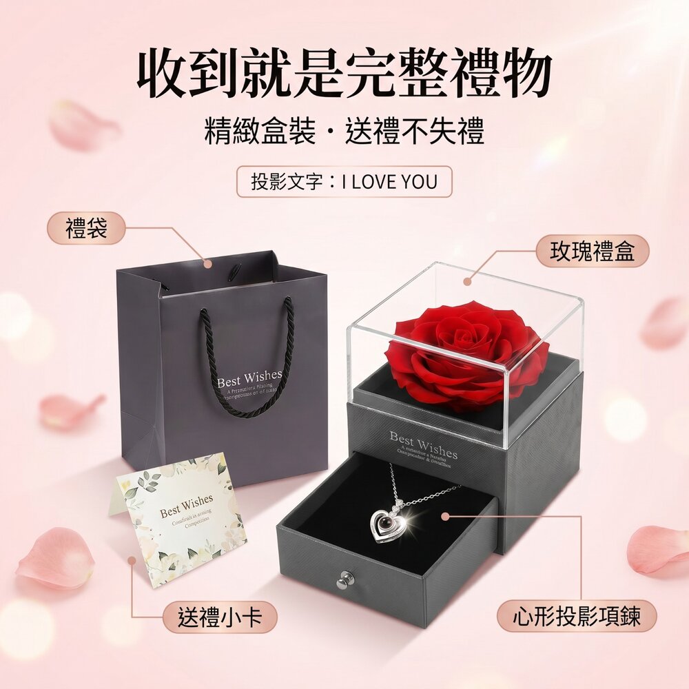 我愛你投影石精緻項鍊禮盒 心形投影項鍊 情人節禮物 我愛你多語言 玫瑰金項鍊 浪漫禮盒 生日禮物 紀念日禮物 送禮-圖片-7