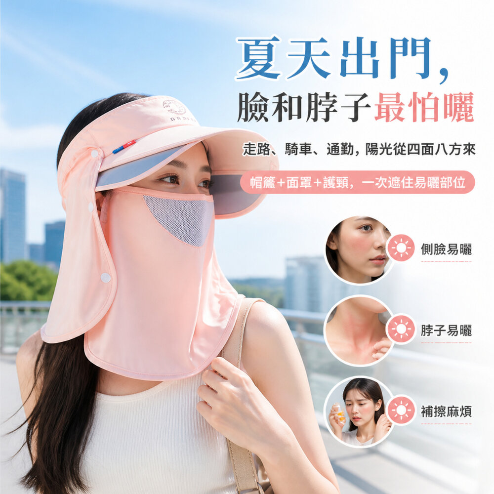 可拆卸遮臉護頸空頂帽 可拆卸防曬面罩帽 UPF50+ 遮臉防曬空頂帽 夏日防曬必備 護頸遮陽帽 送禮-圖片-1