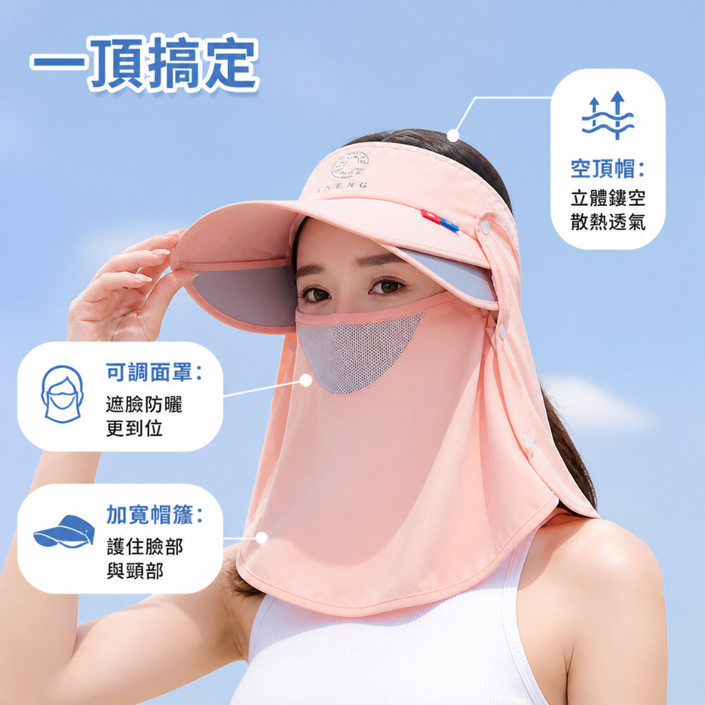 可拆卸遮臉護頸空頂帽 可拆卸防曬面罩帽 UPF50+ 遮臉防曬空頂帽 夏日防曬必備 護頸遮陽帽 送禮-圖片-2