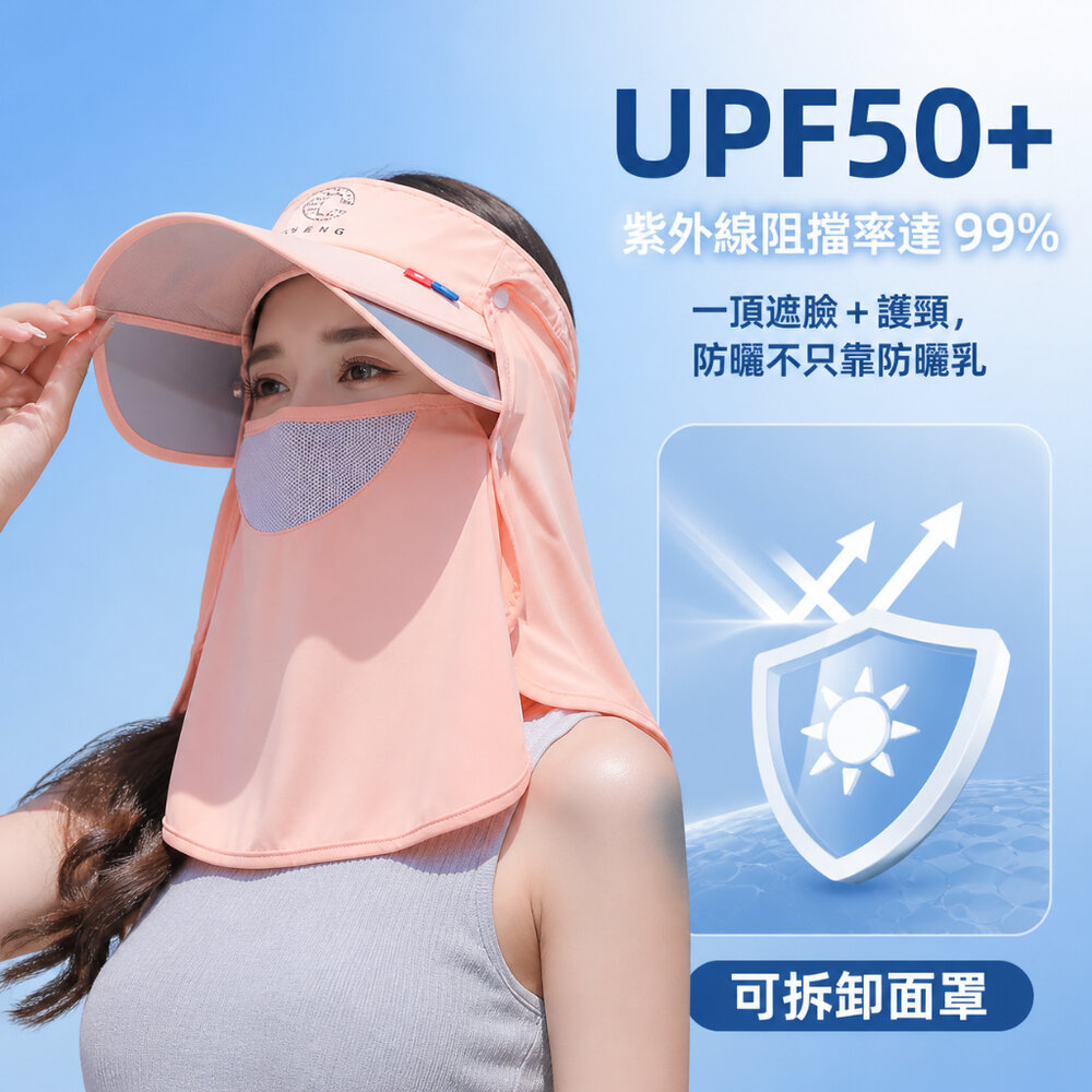 可拆卸遮臉護頸空頂帽 可拆卸防曬面罩帽 UPF50+ 遮臉防曬空頂帽 夏日防曬必備 護頸遮陽帽 送禮-圖片-3