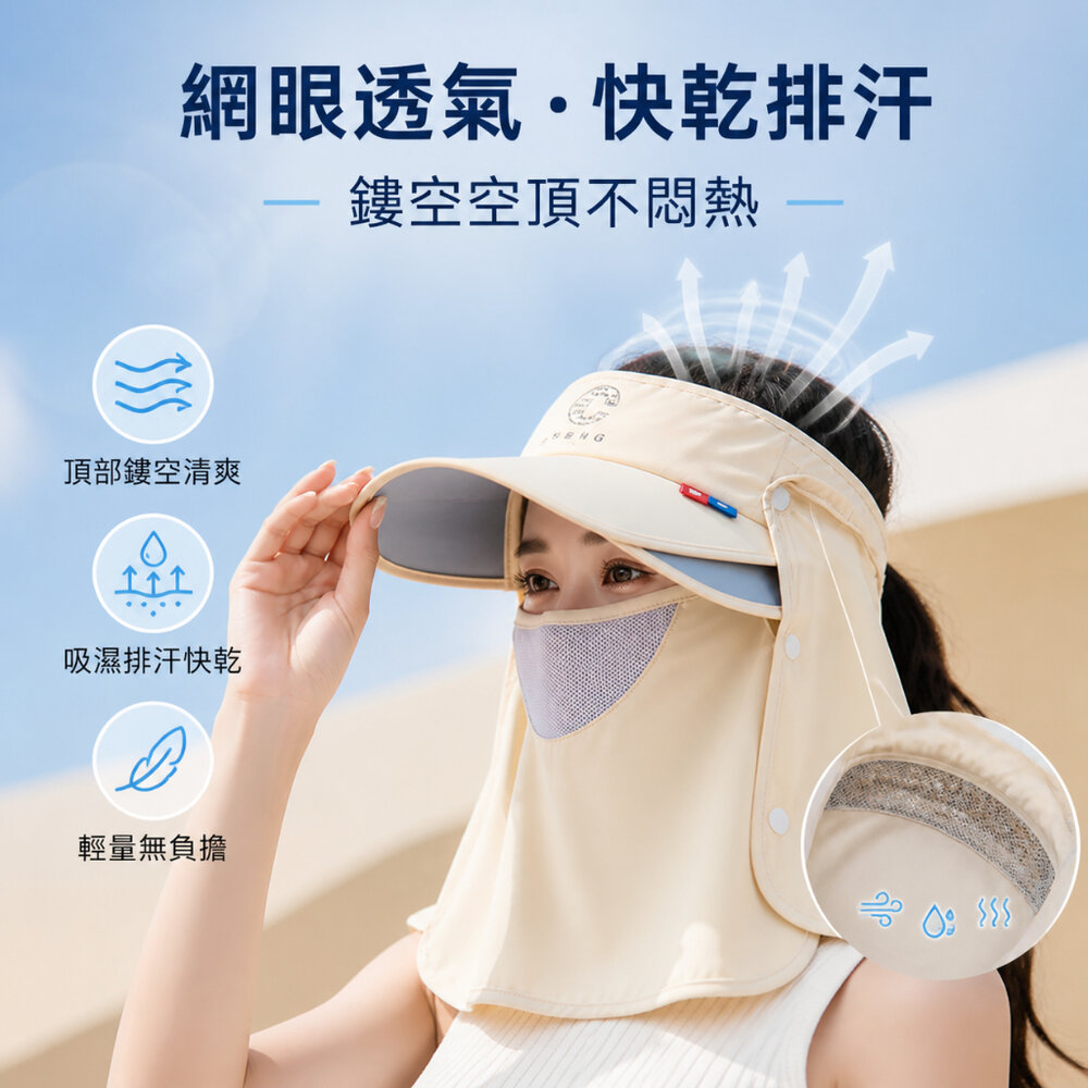 可拆卸遮臉護頸空頂帽 可拆卸防曬面罩帽 UPF50+ 遮臉防曬空頂帽 夏日防曬必備 護頸遮陽帽 送禮-圖片-4